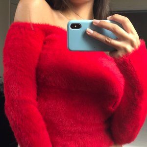 Bright Red Fuzzy Furry Sweater H&M